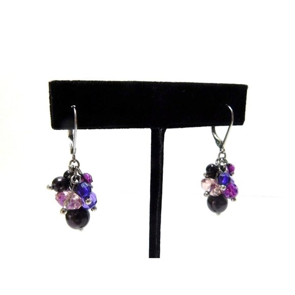 Dangle Cluster Beaded Earrings Purple Black Beads Lever Back Closure - Picture 2 of 6